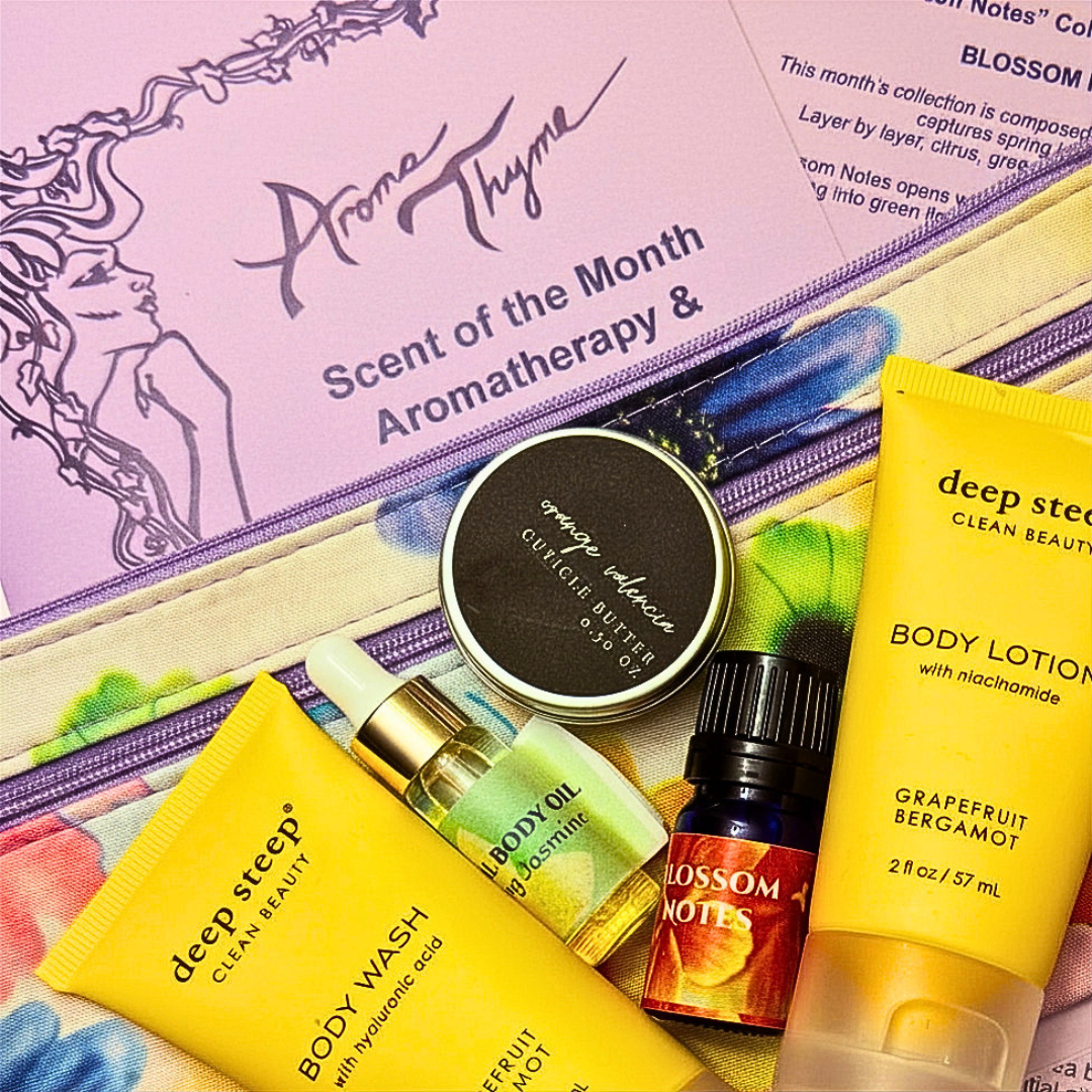 Collection of beauty products including body wash, oil, and lotion with Aroma Thyme packaging.