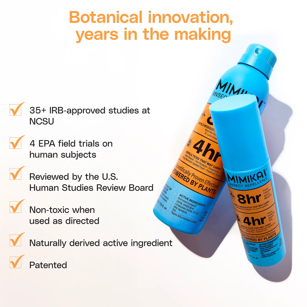 blue bottles with studies epa patented natural ingredients tick and bug spray on white background.