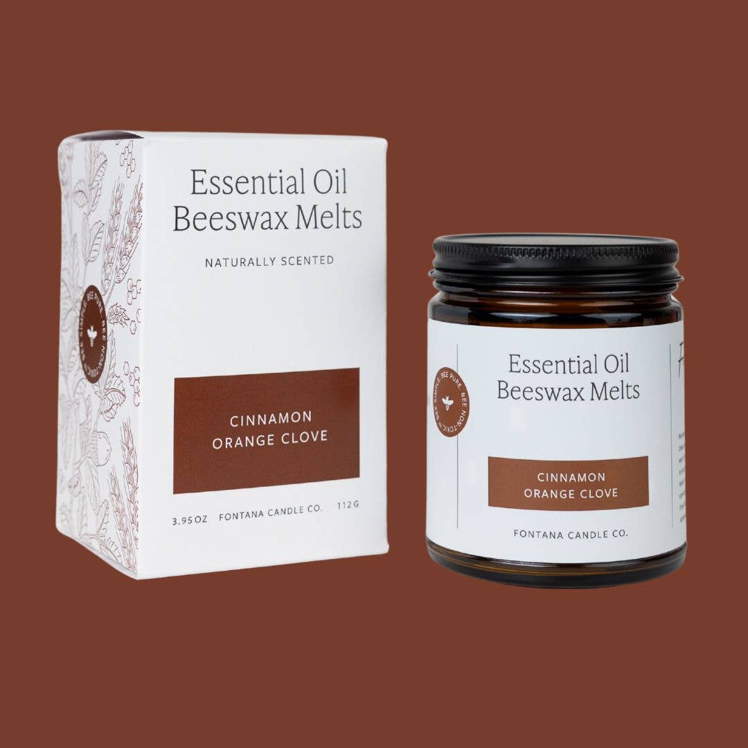 Essential Oil Beeswax Melts packaging and jar on a brown background