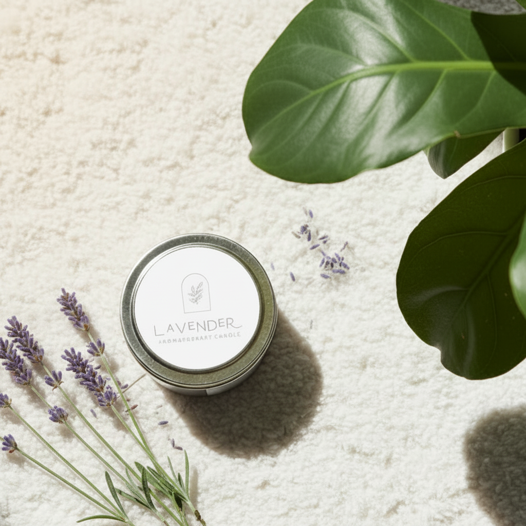 Lavender candle in a tin surrounded by lavender flowers and leaves on a textured surface