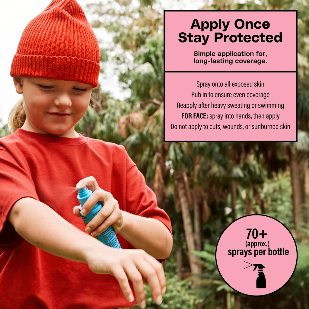 Child applying sunscreen spray with text about product use and features.