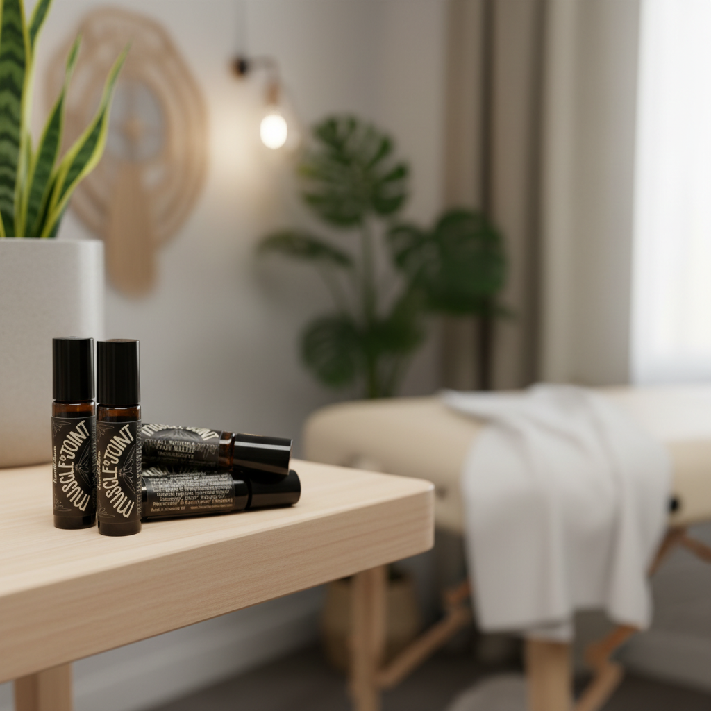 Two roller bottles on a wooden table with a blurred background of a room.