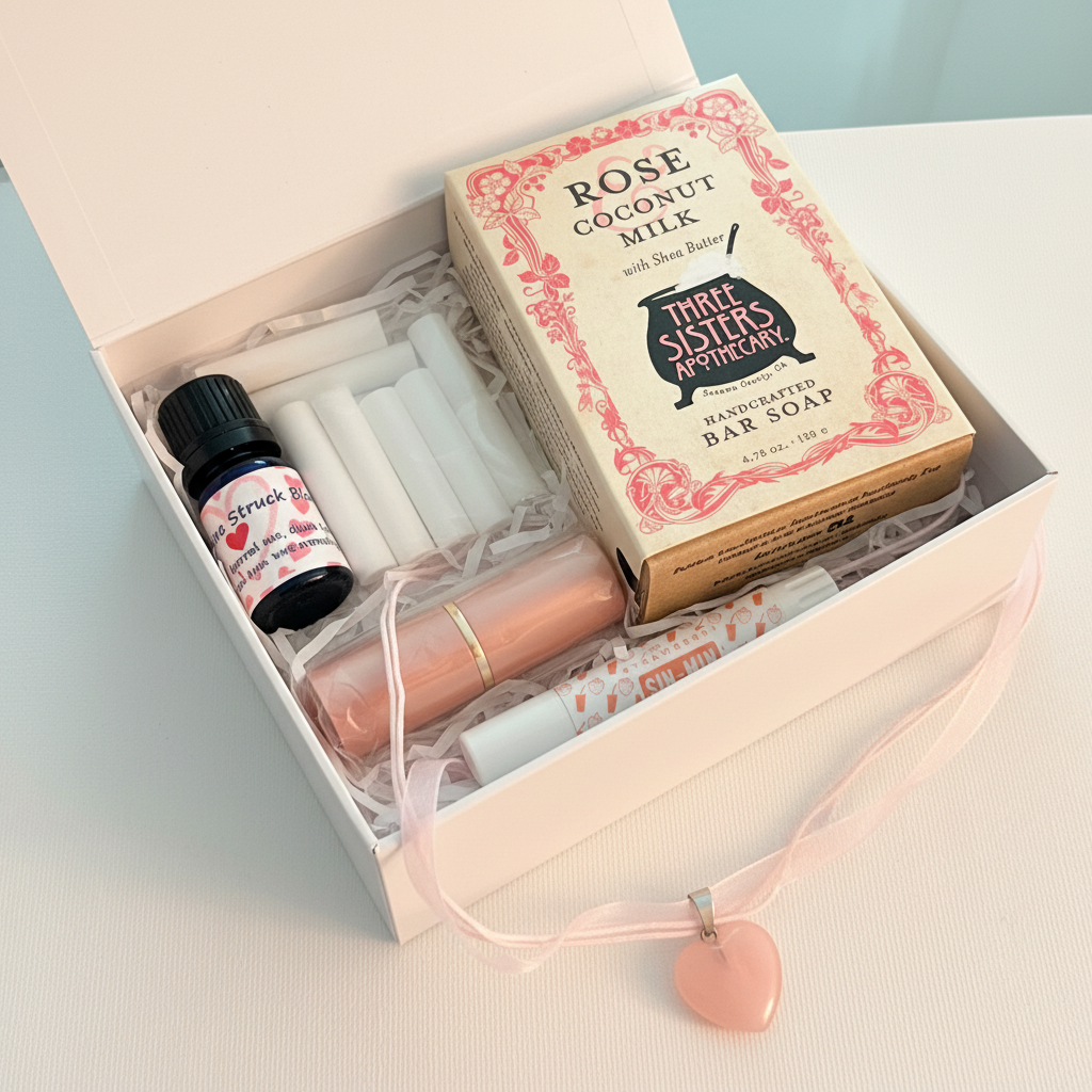 Gift set with soap, lip balm, and other items on a light background