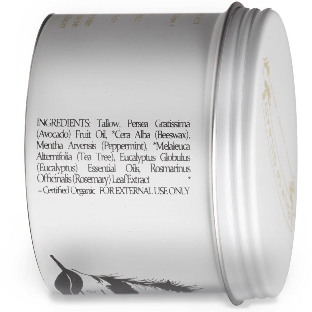 Back of a white container with black text listing ingredients on a white background