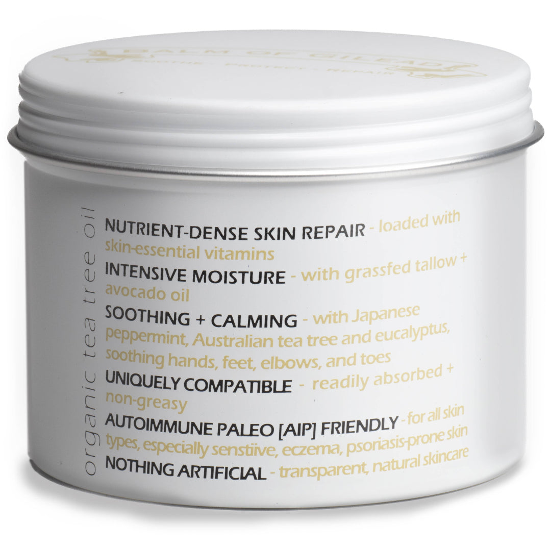 White jar of skin repair cream with text on a white background