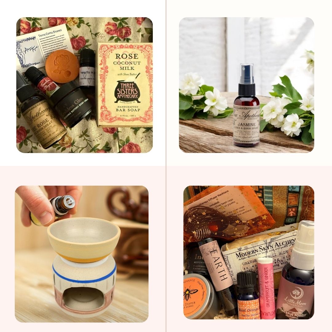 Aromatherapy gift collection featuring rose and autumn gift boxes, an aroma lamp, and jasmine spray from Aroma Thyme