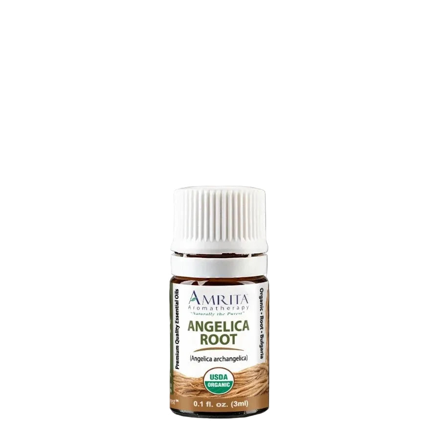 Angelica Root Organic 3ml amber bottle white cap label Amrita Aromatherapy