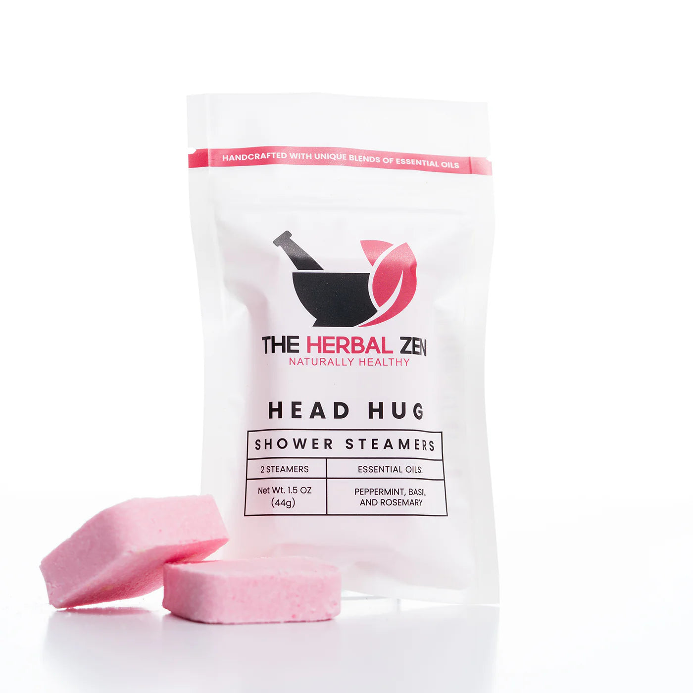 Herbal Zen Head Hug Shower Steamers package on White Background with two pink steamers