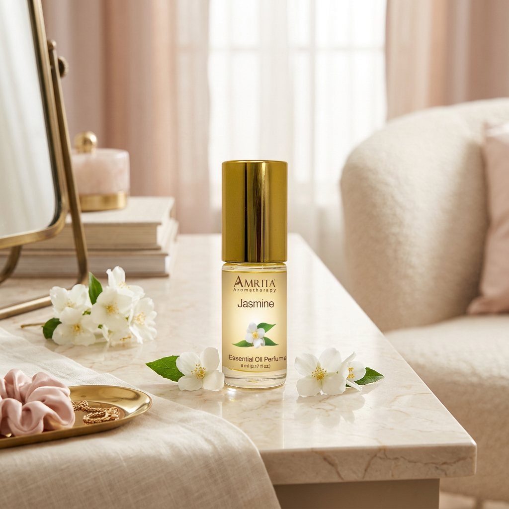Jasmine essential oil Perfume 5ml on dressing table