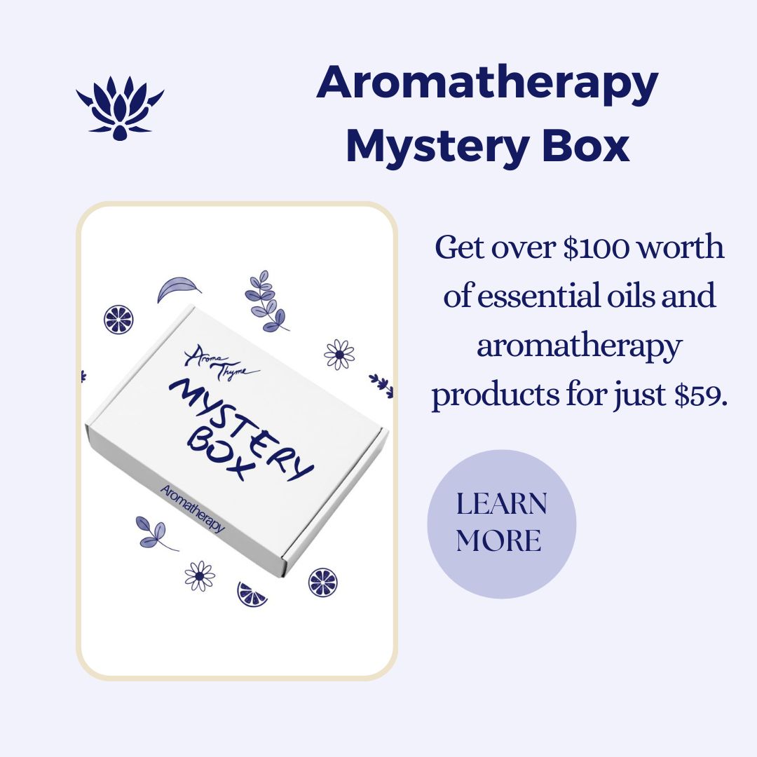 Aromatherapy mystery box with promotional text on a light purple background
