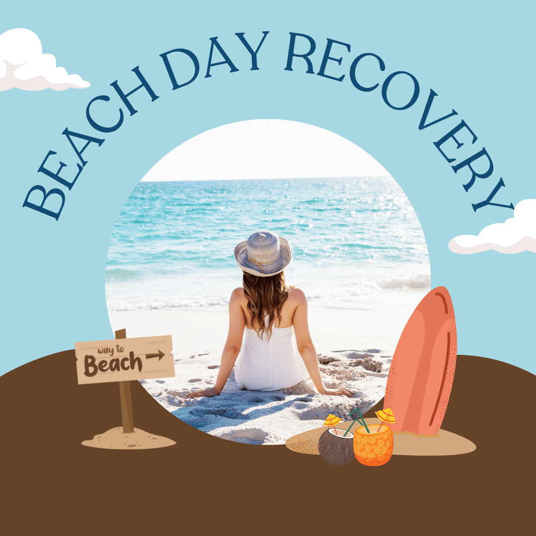 Person sitting on a beach with 'Beach Day Recovery' text above.