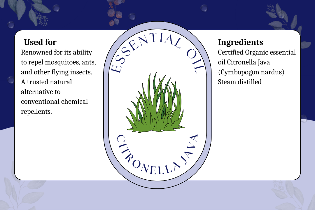 Certified organic essential oil Citronella Java with text about its uses and ingredients on a blue background.