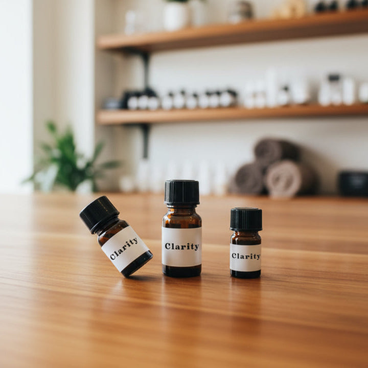Three small bottles labeled 'Clarity' on a wooden table.