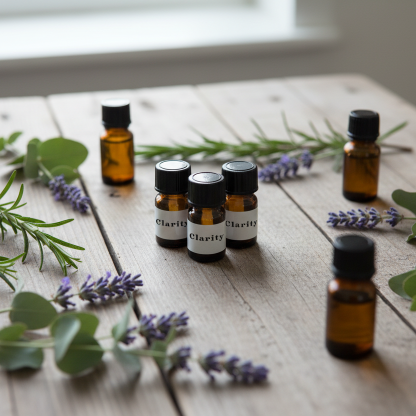 Essential oil bottles with herbs on a wooden surface