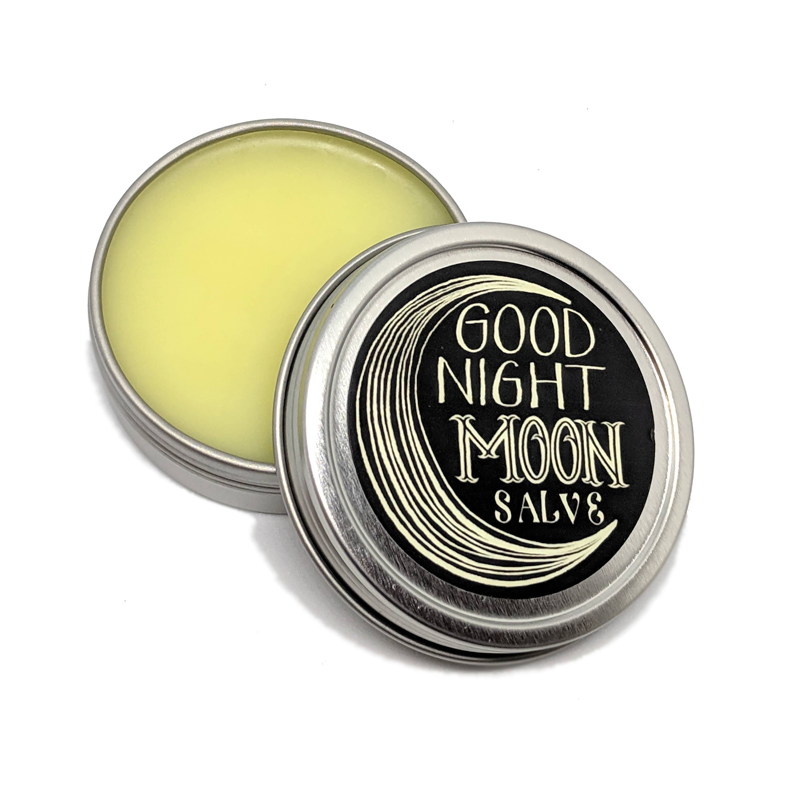 Good Night Moon Salve in a metal tin with a black label on a white background