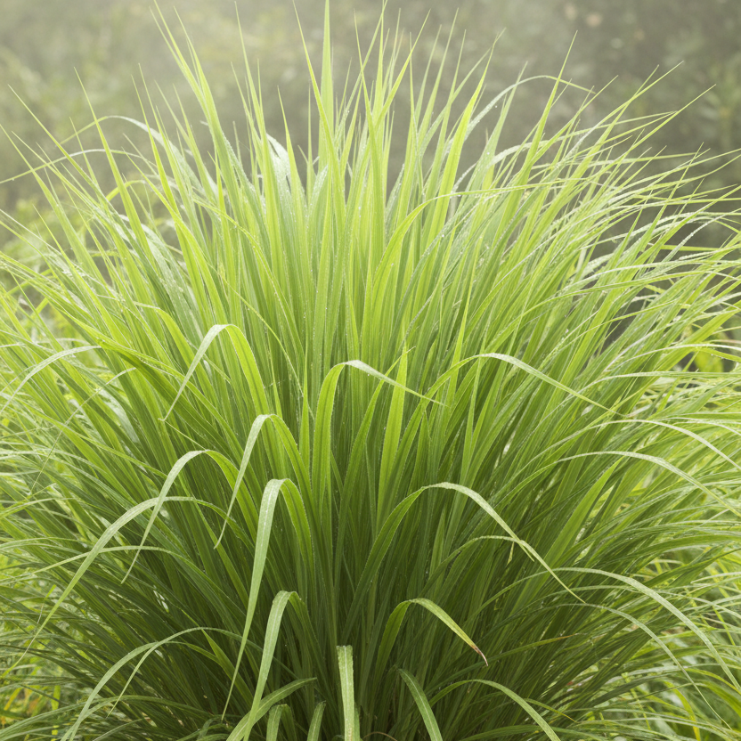Tall green grasses with a small bowl and sticks on a blurred natural background