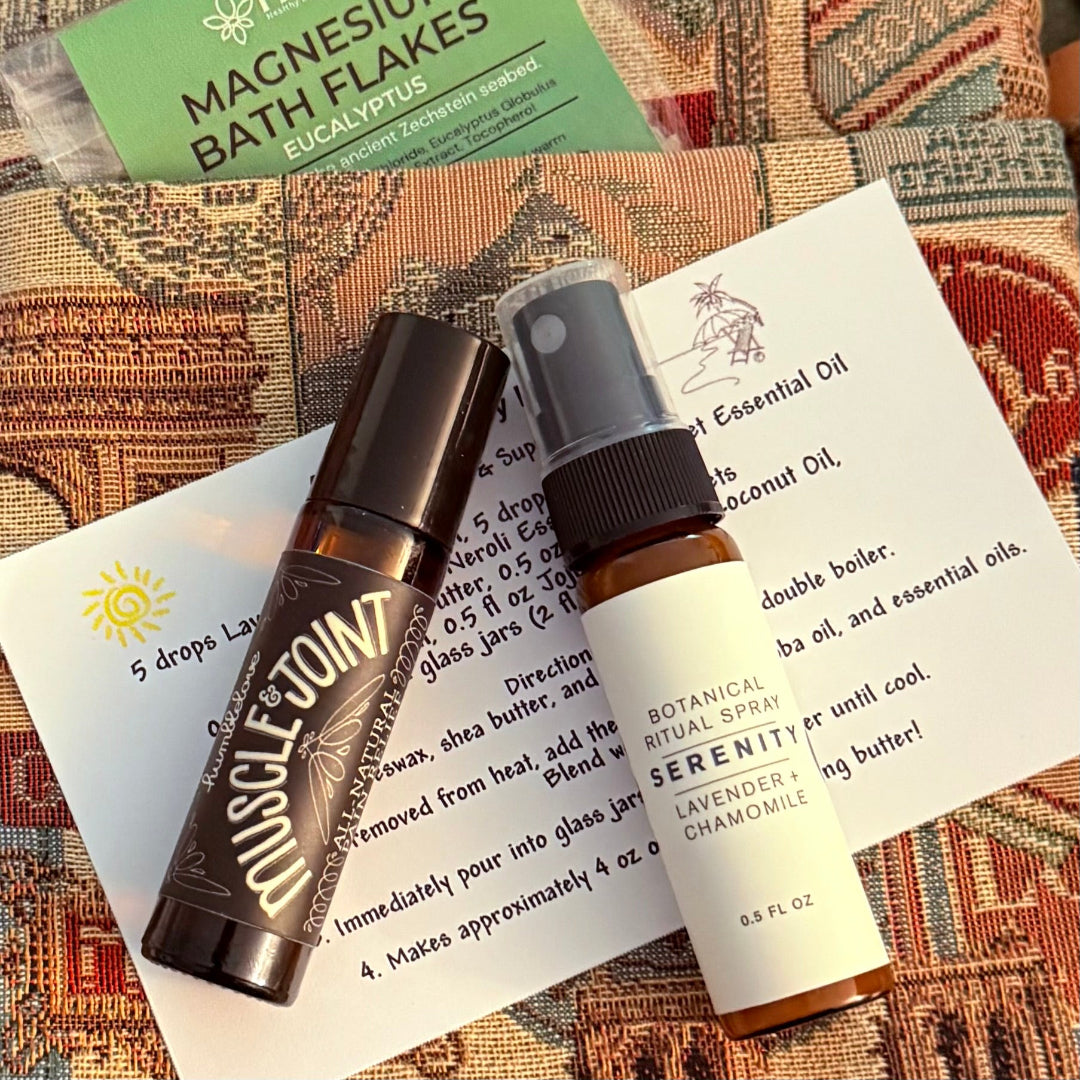 Beach Bag Ready Two bottles of essential oil products on a textured surface with travel bag underneath.