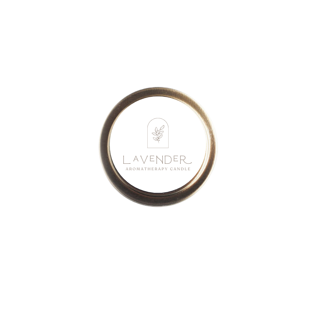 Round lavender aromatherapy candle lid on a white background