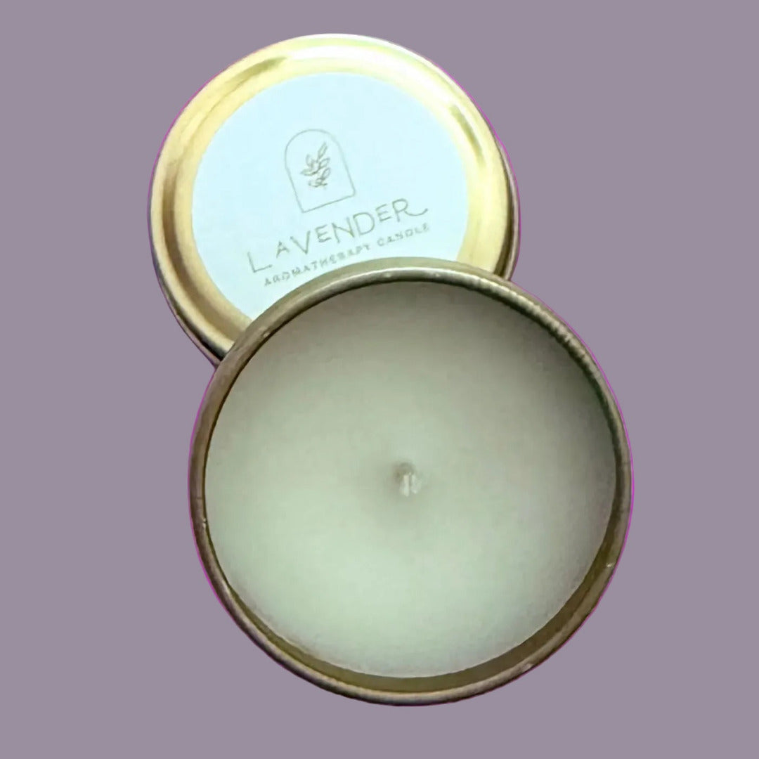 lavender candle tin open on purple background