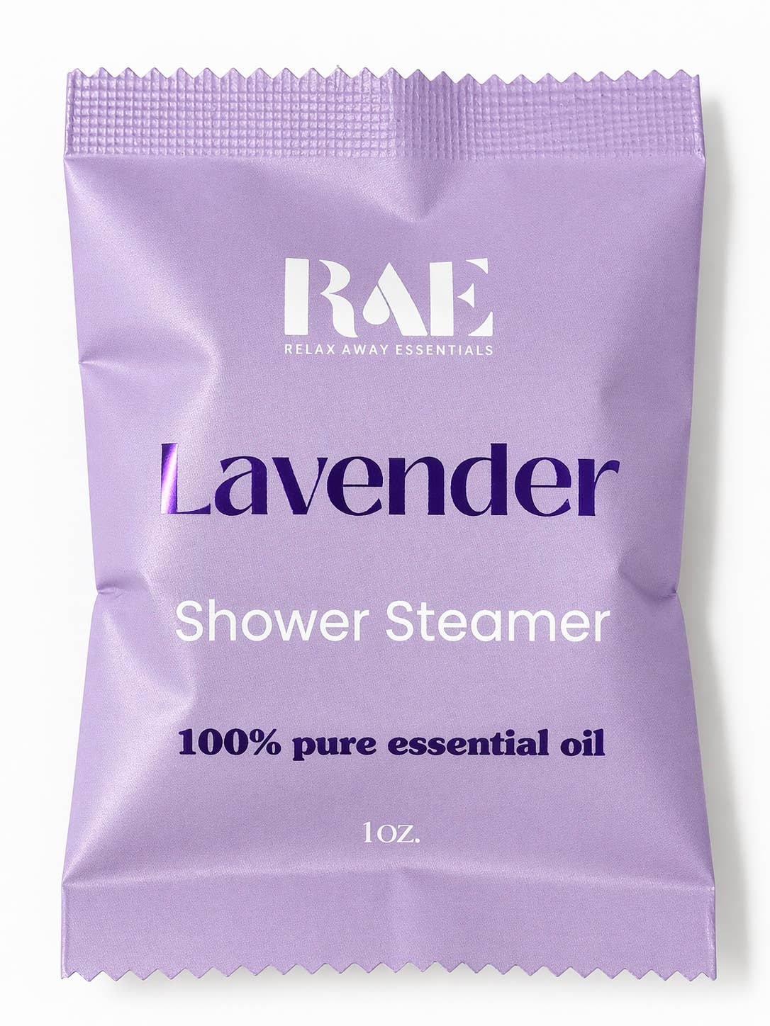 A single lavender shower steamer packet from RAE Relax Away Essentials, featuring a light purple wrapper with white and dark purple text on a white background.