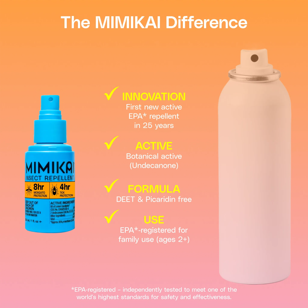 Mimika insect repellent bottle with beige can on an orange gradient background, highlighting Mimikai's features.