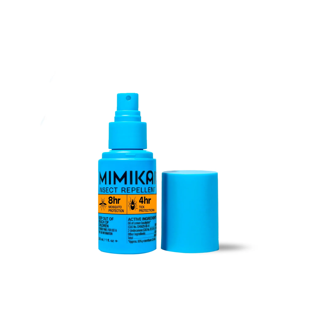 Mimikai plant powered bug spray blue bottle on white background 