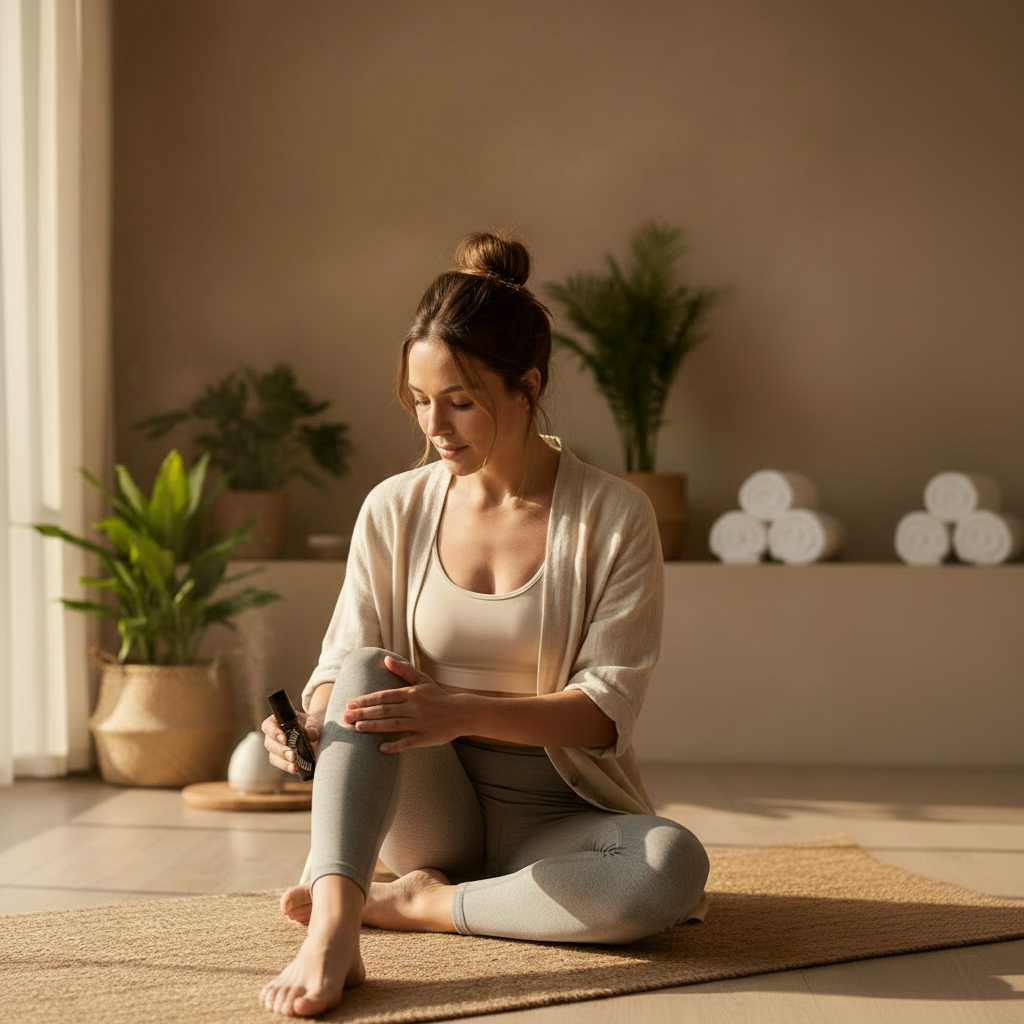 Woman sitting on a yoga mat in a serene room with plants and exercise balls holding brown roll on bottle.