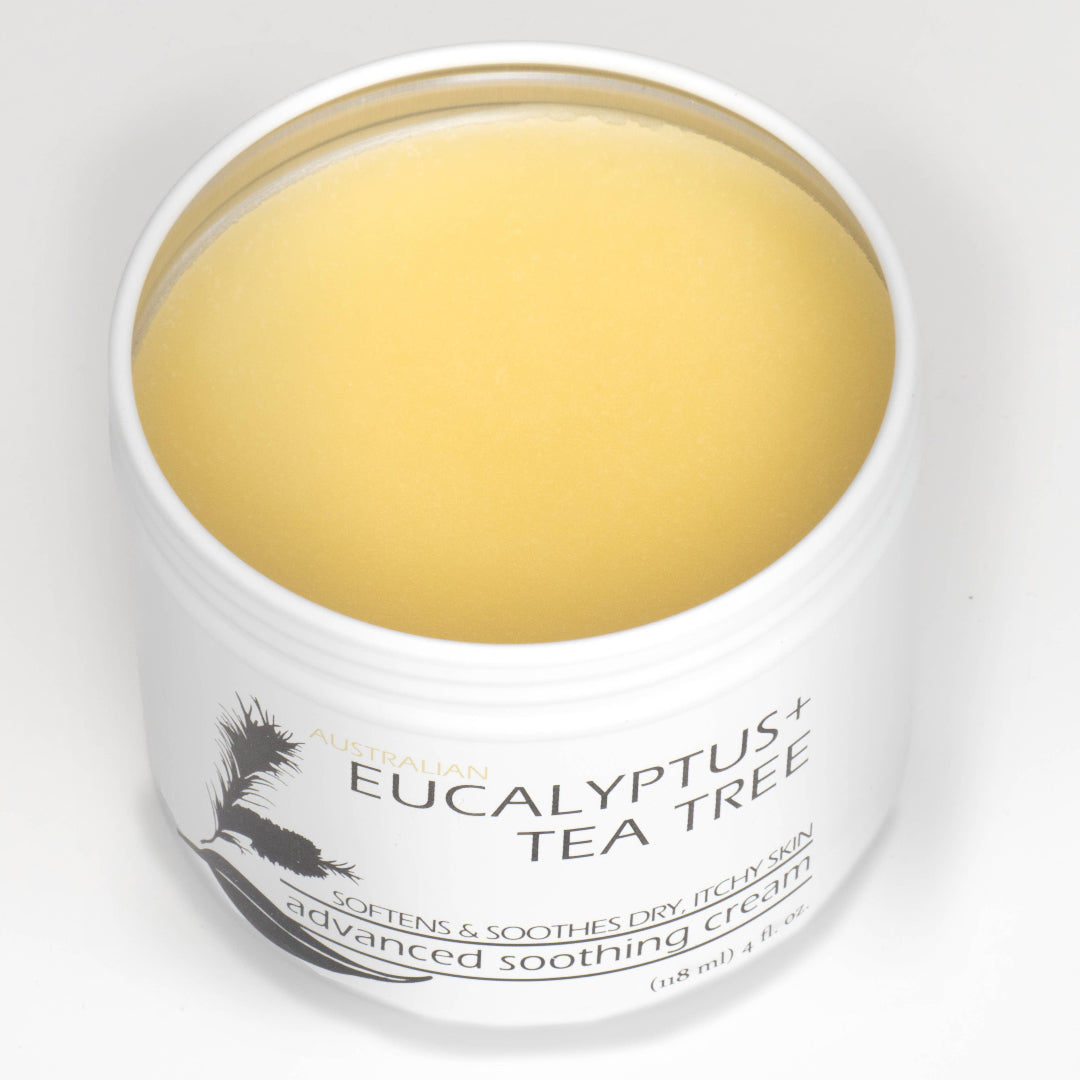 Jar of Eucalyptus Tea Tree advanced soothing cream on a white background